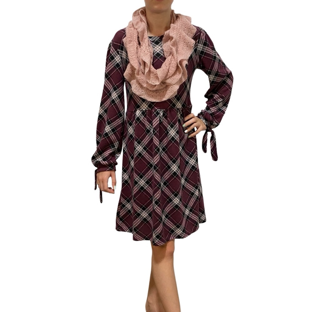 KNIT WORKS Dress Scarf Set Size 14 Long Sleeve Burgundy Gray Plaid Pullover